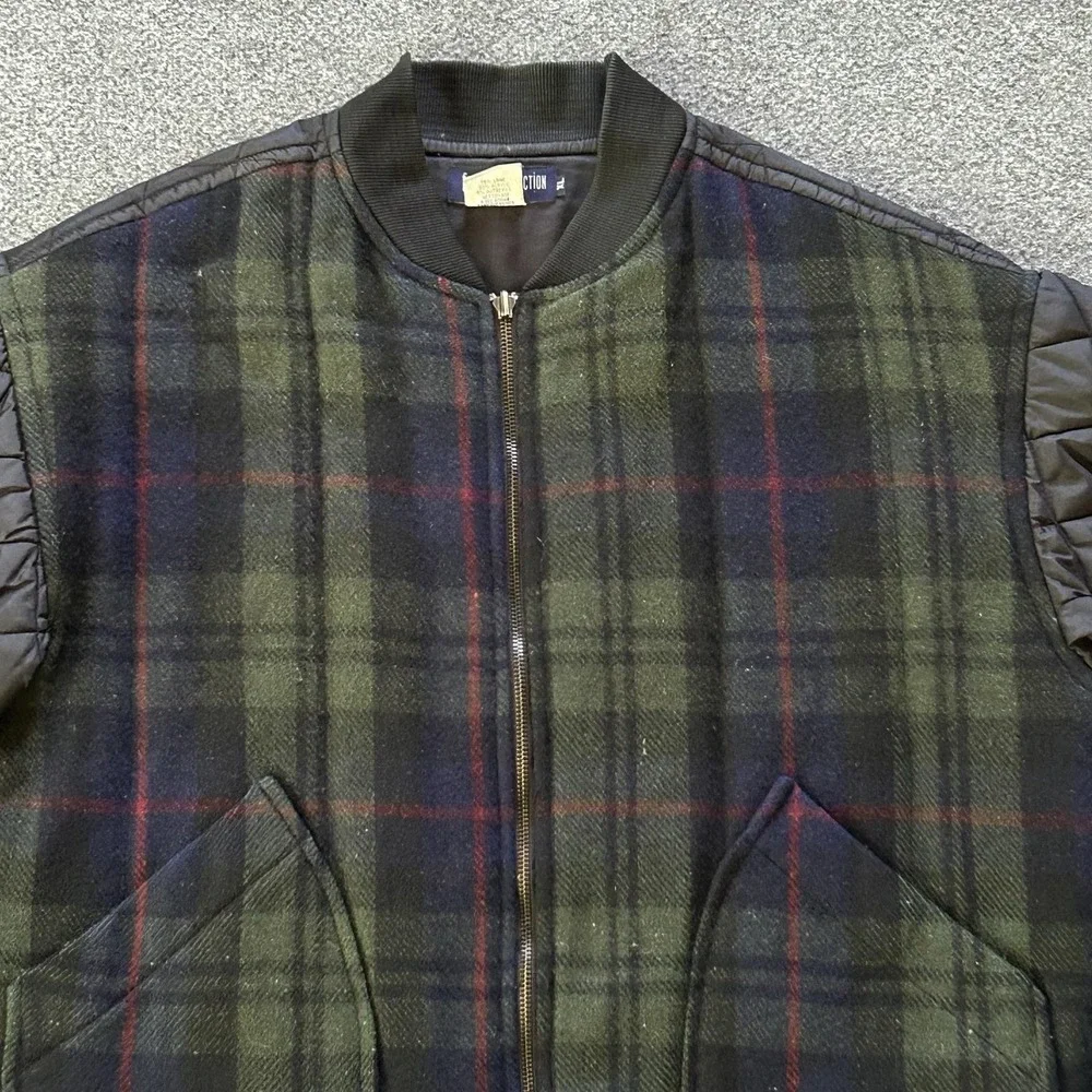 French Connection Jacket Men XL Green Tartan Plaid Wool Quilted Bomber Vintage